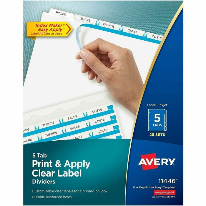Avery&reg; Print & Apply Clear Label Dividerswith Index Maker&reg; Easy Apply™ Labels for Laser and Inkjet Printers, 5 tabs, 25 sets - 125 x Divider(s) - Print-on Tab(s) - 5 - 5 Tab(s)/Set - 8.50" (215.90 mm) Divider Width x 11" (279.40 mm) Divider