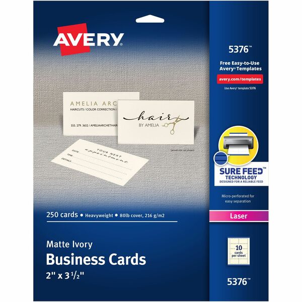 Avery&reg; 2" x 3.5" Ivory Business Cards, Sure Feed? Technology, Laser, 250 Cards (5376) - 79 Brightness - A8 - 2" x 3 1/2" - 250 / Pack - Perforated, Heavyweight, Smooth Edge - Ivory