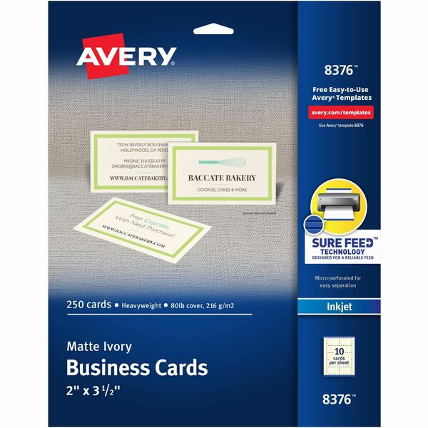 Avery 2" x 3.5" Ivory Business Cards, Sure Feed(TM), 250 (8376) - 79 Brightness - A8 - 2" x 3 1/2" - 80 lb Basis Weight - 216 g/m&#178; Grammage - Matte - 250 / Pack - Perforated, Heavyweight, Rounded Corner, Printable, Recyclable, Biodegradable, Smooth E