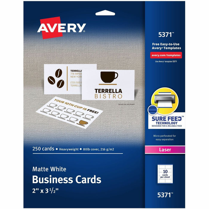 Avery&reg; Micro-Perforated Business Cards for Laser Printers, 2" x 3-1/2" - 97 Brightness - A4 - 8 1/2" (215.90 mm) x 11" (279.40 mm) - 80 lb (36287.39 g) Basis Weight - 216 g/m² Grammage - Matte - Heavyweight, Perforated, Smooth Edge, Recyclable, A
