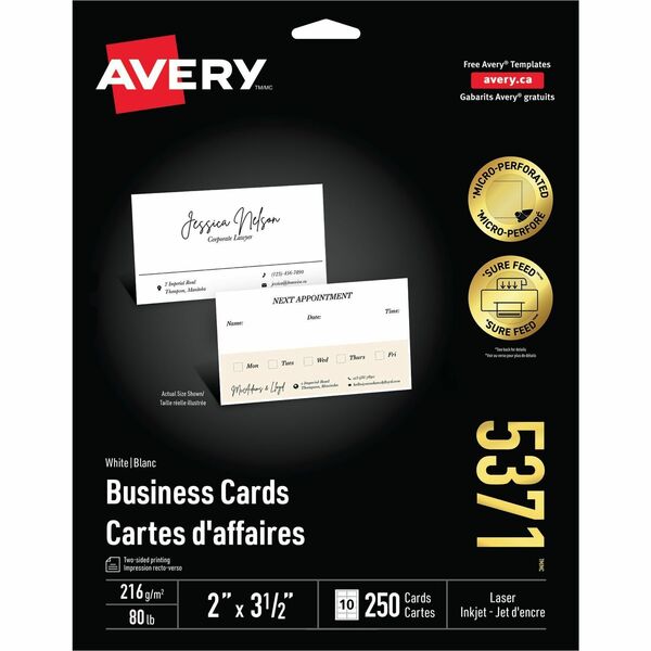 Avery&reg; Micro-Perforated Business Cards for Laser Printers, 2" x 3½" - 97 Brightness - A8 - 2" x 3 1/2" - 250 / Pack - Heavyweight, Perforated, Smooth Edge - White