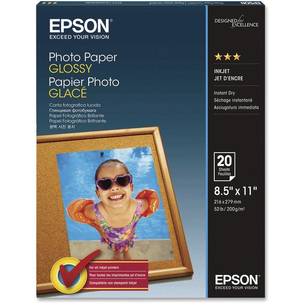 Epson Glossy Finish Photo Paper - 92 Brightness - 96% Opacity - Letter - 8 1/2" (215.90 mm) x 11" (279.40 mm) - 52 lb (23586.80 g) Basis Weight - Glossy - White - 20 / Pack