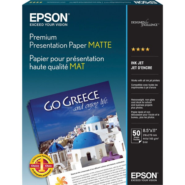 Epson Premium Matte Inkjet Presentation Paper - 97 Brightness - 94% Opacity - Letter - 8 1/2" (215.90 mm) x 11" (279.40 mm) - 44 lb (19958.06 g) Basis Weight - Matte - White - 50 / Box