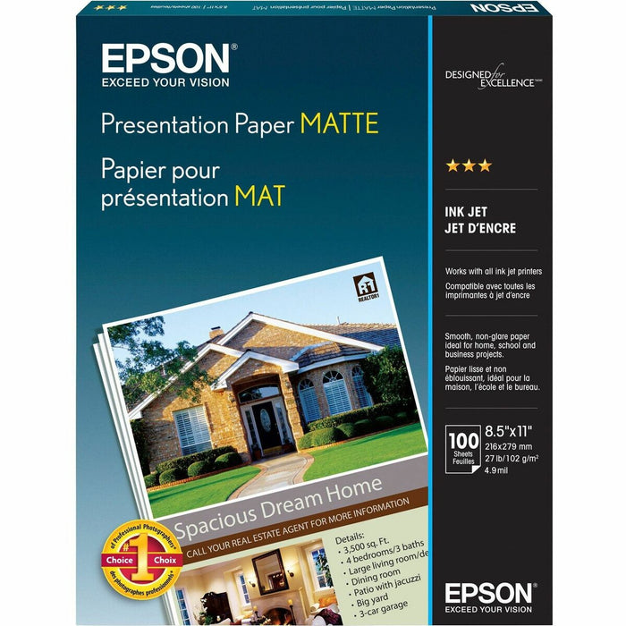 Epson Matte Inkjet Presentation Paper - White - 90 Brightness - 90% Opacity - Letter - 8 1/2" (215.90 mm) x 11" (279.40 mm) - 27 lb (12246.99 g) Basis Weight - Matte - White - 100 / Pack