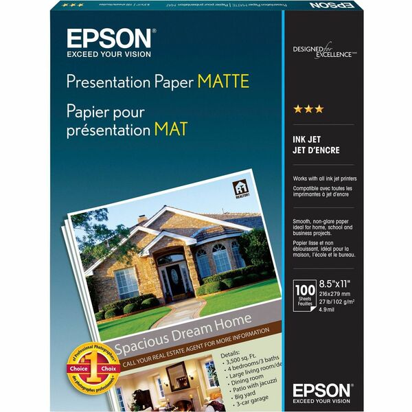 Epson Matte Inkjet Presentation Paper - White - 90 Brightness - 90% Opacity - Letter - 8 1/2" x 11" - 27 lb Basis Weight - Matte - 100 / Pack - White