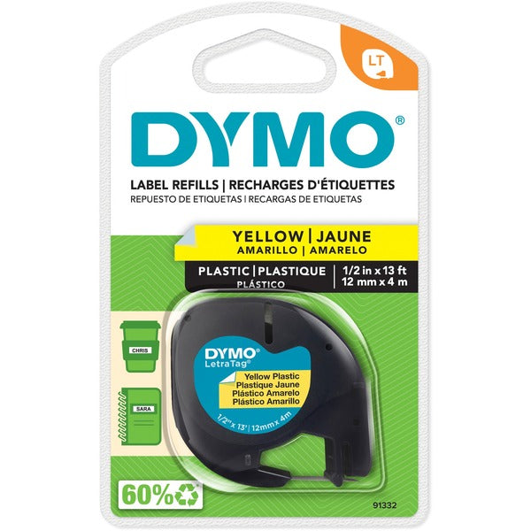 Dymo LetraTag Label Maker Tape Cartridge - 1/2" (12.70 mm) Width - Direct Thermal - Yellow - Polyester - 1 Each