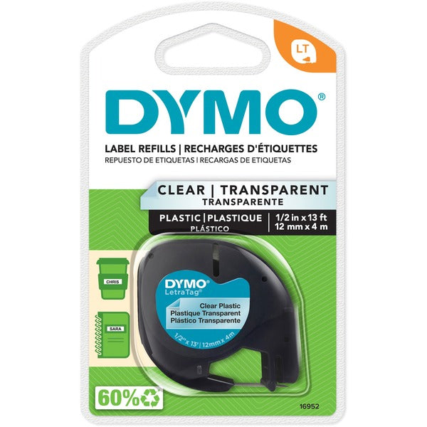 Dymo Letra Tag Labelmaker Tapes - x 1/2" (12.70 mm) Width - Direct Thermal - Clear - Plastic - 1 Each