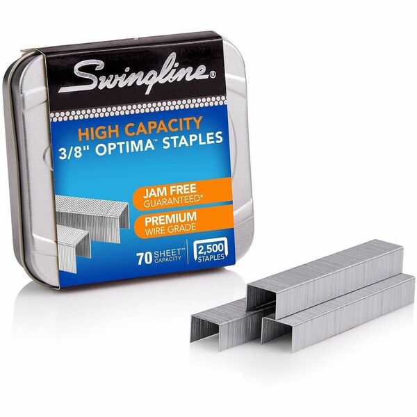Swingline Optima High Capacity Staples - High Capacity - 3/8" (9.52 mm) Leg - 1/2" (12.70 mm) Crown - Holds 70 Sheet(s) - for Paper - Silver - 0.50" (12.70 mm) Width x 0.37" (9.52 mm) Length - 125 Per Strip - 2500 / Box