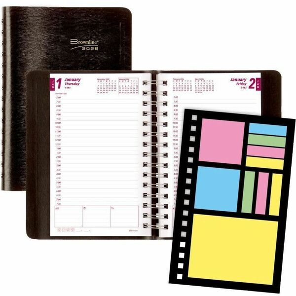 Blueline PlannerPlus Daily Planner, 8" x 5" , English, Black - Daily, Monthly - 2026 to 2026 - 7:00 AM to 7:30 PM - Half-hourly, Weekly - 1 Day Single Page Layout - 5" (127 mm) x 8" (203.20 mm) Sheet Size - Twin Wire - Black - Appointment Schedule, Soft C