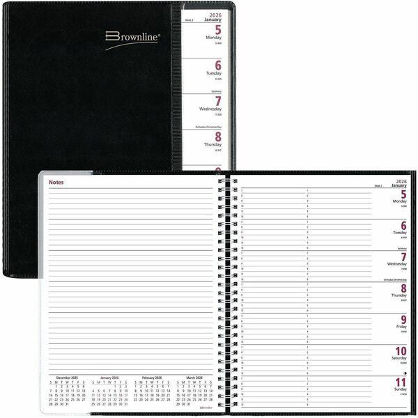 Brownline 2026 Pre-Vu 12-Month Weekly Planner - January to December - 11" x 8-1/2" - Black - English - Weekly - 12 Month - January 2026 to December 2026 - 7:00 AM to 6:00 PM - Hourly - 1 Week Double Page Layout - Letter - 8 1/2" (215.90 mm) x 11" (279.40