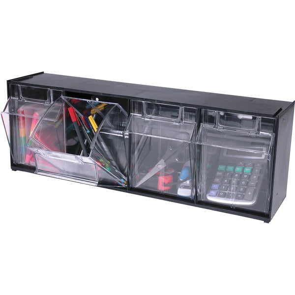 Deflecto Tilt Bin Interlocking Multi-Bin Storage Organizer - 4 Compartment(s) - 8.1" (206.38 mm) Height x 23.6" (600.08 mm) Width x 6.6" (168.28 mm) Depth - Interlockable - Black - Plastic - 1 Each
