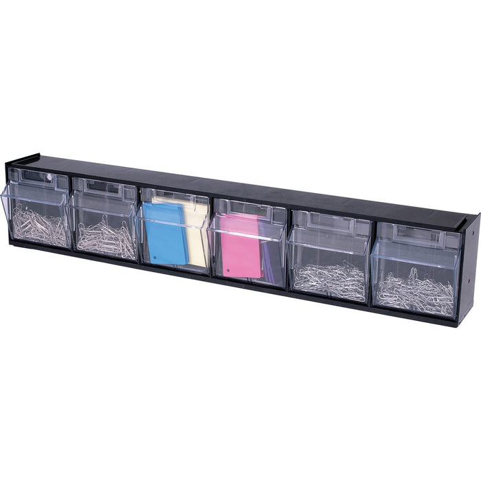 Deflecto Tilt Bin Interlocking Multi-Bin Storage Organizer - 6 Compartment(s) - 4.5" (114.30 mm) Height x 23.6" (599.95 mm) Width x 3.6" (91.95 mm) Depth - Desktop, Desktop - Interlockable, Removable, Easy to Clean, Freestanding - Black - Plastic - 1 Each