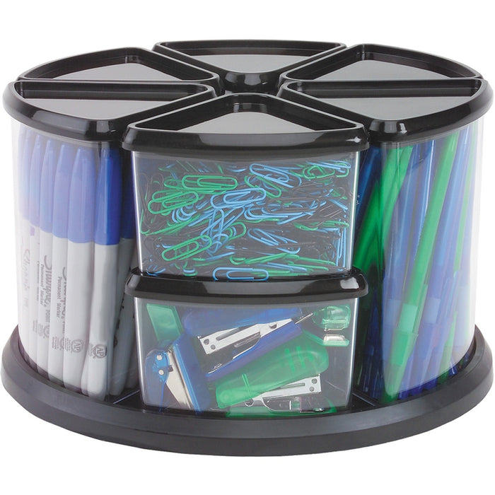 Deflecto Carousel Storage Organizer - 9 Compartment(s) - 6.6" (167.64 mm) Height x 11" (279.65 mm) Width - Desktop - Rotating Base, Lid - Black, Clear - Plastic - 1 Each