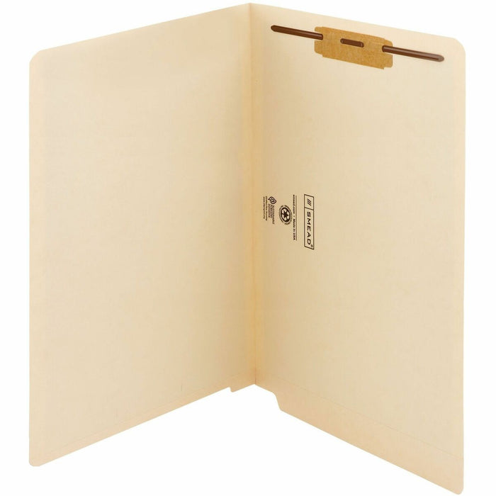 Smead Straight Tab Cut Legal Recycled Fastener Folder - 8 1/2" (215.90 mm) x 14" (355.60 mm) - 3/4" (19.05 mm) Expansion - 1 x 2B Fastener(s) - 2" (50.80 mm) for Folder - End Tab Location - 11 pt. (3.87 mm) - 2 Plys - Manila - Reinforced Tab, Embossed - 1
