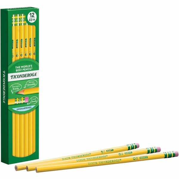 Ticonderoga Wood-Cased Pencils - Black Lead - 2HB - Yellow Barrel - 12 / Box
