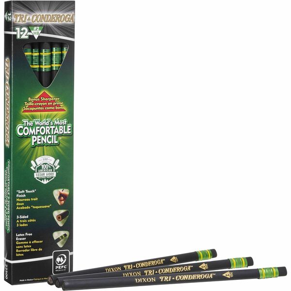 Ticonderoga Tri-Conderoga Wood-Cased Pencils with Sharpener - 2HB Lead - Black Barrel - 1 Dozen