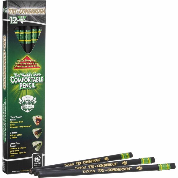 Ticonderoga Tri-Conderoga Wood-Cased Pencils with Sharpener - 2HB - Black Barrel - 12 / Box