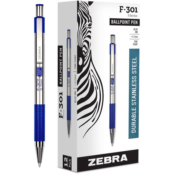 Zebra STEEL 3 Series F-301 Retractable Ballpoint Pen - 0.7 mm (0.03") Fine Pen Point - Refillable - Retractable - Blue Ink - Stainless Steel Stainless Steel Barrel - 12 / Box