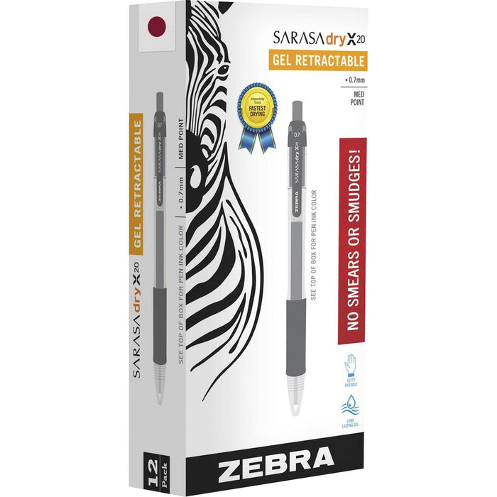 Zebra SARASA dry X20 Retractable Gel Pen - Refillable - Retractable - Mahogany Ink - Pigment-based - Translucent Barrel - 12 / Box
