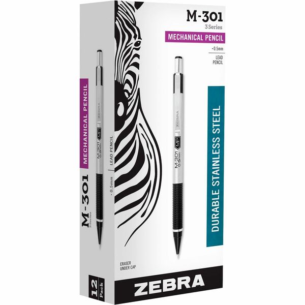 Zebra STEEL 3 Series M-301 Mechanical Pencil - 0.5 mm (0.02") Lead - Refillable - Black Stainless Steel Barrel - 1 Dozen