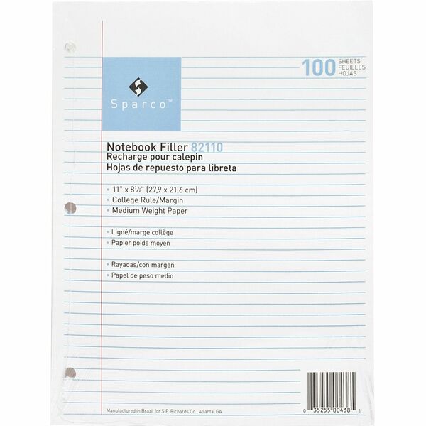 Sparco Notebook Filler Paper - Letter - 100 Sheets - Ruled Red Margin - 16 lb (7257.48 g) Basis Weight - Letter - 8 1/2" (215.90 mm) x 11" (279.40 mm) Sheet Size - White Paper - Subject - 100 / Pack