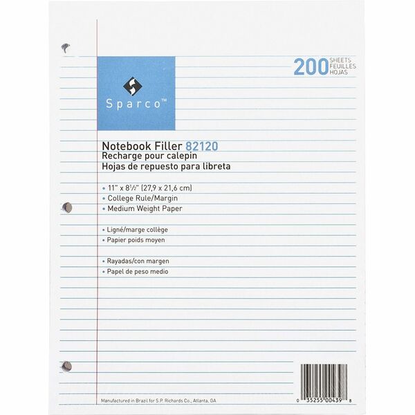 Sparco Notebook Filler Paper - Letter - 200 Sheets - Ruled Red Margin - 16 lb (7257.48 g) Basis Weight - Letter - 8 1/2" (21.59 cm) x 11" (27.94 cm) Sheet Size - White Paper - Subject - 200 / Pack