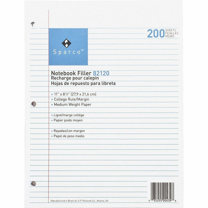 Sparco Notebook Filler Paper - Letter - 200 Sheets - Ruled Red Margin - 16 lb (7257.48 g) Basis Weight - Letter - 8 1/2" (21.59 cm) x 11" (27.94 cm) Sheet Size - White Paper - Subject - 200 / Pack