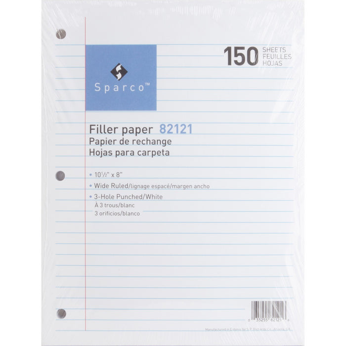 Sparco 3HP Filler Paper - 150 Sheets - Wide Ruled Front Ruling - 16 lb (7257.48 g) Basis Weight - 8" (20.32 cm) x 10 1/2" (26.67 cm) Sheet Size - White Paper - Bleed-free - 150 / Pack