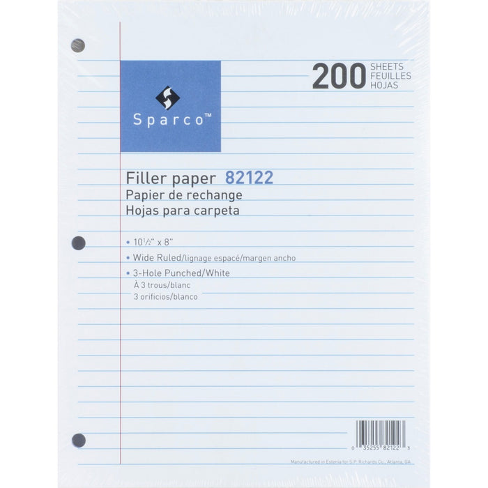 Sparco 3-hole Punched Filler Paper - 200 Sheets - Wide Ruled Front Ruling - Ruled Red Margin - 16 lb (7257.48 g) Basis Weight - 8" (20.32 cm) x 10 1/2" (26.67 cm) Sheet Size - White Paper - Bleed-free - 200 / Pack