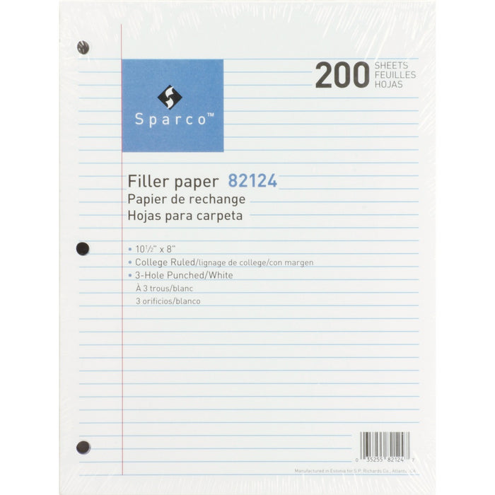 Sparco 3-hole Punched Filler Paper - 200 Sheets - College Ruled Front Ruling - Ruled Red Margin - 16 lb (7257.48 g) Basis Weight - 8" (20.32 cm) x 10 1/2" (26.67 cm) Sheet Size - White Paper - Bleed-free - 200 / Pack
