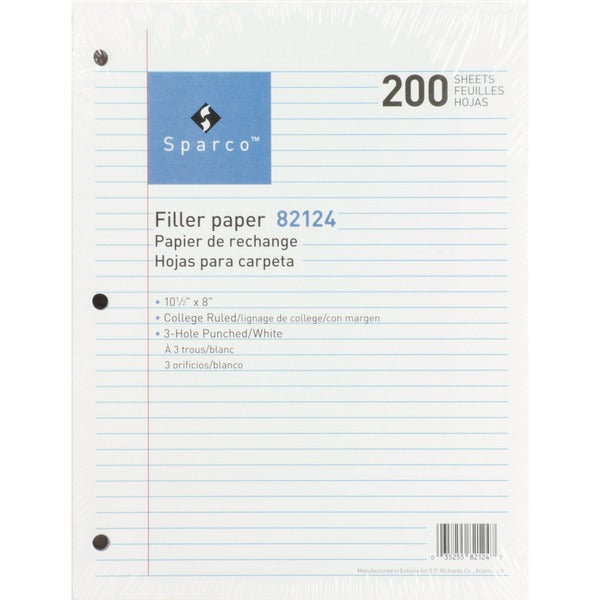 Sparco 3-hole Punched Filler Paper - 200 Sheets - College Ruled - Ruled Red Margin - 16 lb Basis Weight - 8" x 10 1/2" - White Paper - Bleed-free - 200 / Pack