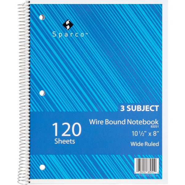 Sparco Quality 3HP Notebook - 3 Subject(s) - 120 Sheets - Wire Bound - Wide Ruled Front Ruling - Unruled Margin - 16 lb (7257.48 g) Basis Weight - 8" (20.32 cm) x 10 1/2" (26.67 cm) Sheet Size - Bright White Paper - Assorted Chipboard Cover - Bleed Resist