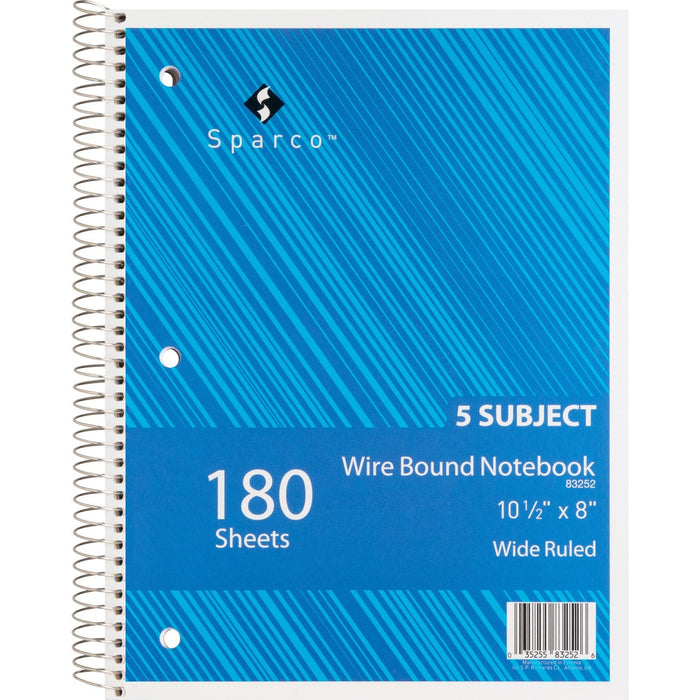 Sparco Quality 3HP Notebook - 5 Subject(s) - 180 Sheets - Wire Bound - Wide Ruled Front Ruling - Unruled Margin - 16 lb (7257.48 g) Basis Weight - 8" (20.32 cm) x 10 1/2" (26.67 cm) Sheet Size - Bright White Paper - Assorted Chipboard Cover - Bleed Resist