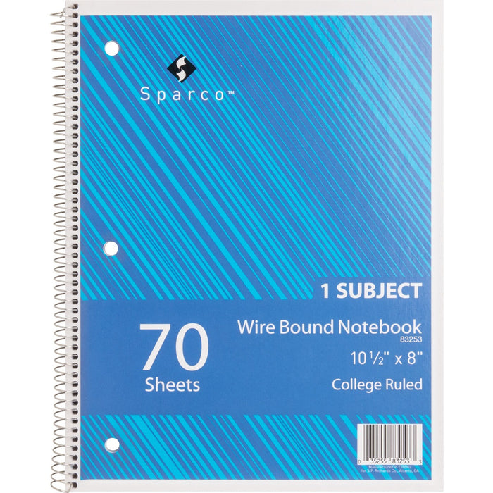 Sparco Wirebound Notebook - 70 Sheets - Wire Bound - College Ruled Front Ruling - Unruled Margin - 16 lb (7257.48 g) Basis Weight - 8" (20.32 cm) x 10 1/2" (26.67 cm) Sheet Size - Assorted Paper - Assorted Chipboard Cover - Subject, Stiff-cover, Stiff-bac