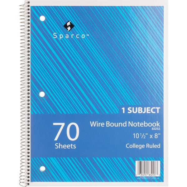 Sparco Wirebound Notebook - 70 Sheets - Wire Bound - College Ruled Front Ruling - Unruled Margin - 16 lb (7257.48 g) Basis Weight - 8" (20.32 cm) x 10 1/2" (26.67 cm) Sheet Size - Assorted Paper - Assorted Chipboard Cover - Subject, Stiff-cover, Stiff-bac