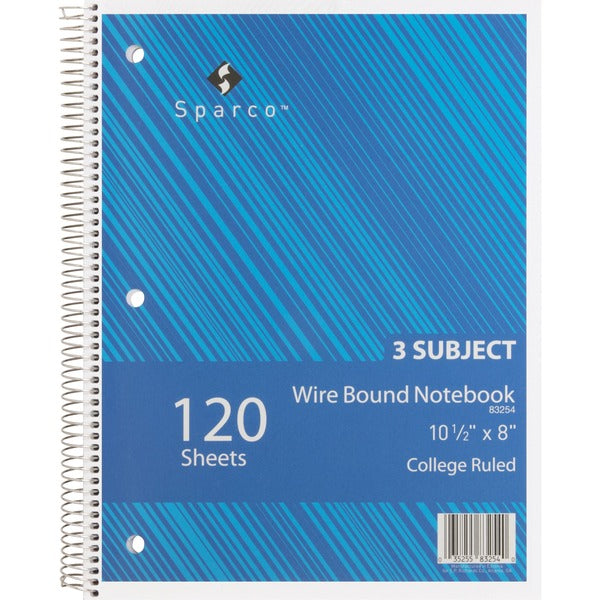 Sparco Wirebound College Ruled Notebooks - 120 Sheets - Wire Bound - College Ruled Front Ruling - Unruled Margin - 16 lb (7257.48 g) Basis Weight - 8" (20.32 cm) x 10 1/2" (26.67 cm) Sheet Size - White Paper - Assorted Chipboard Cover - Resist Bleed-throu