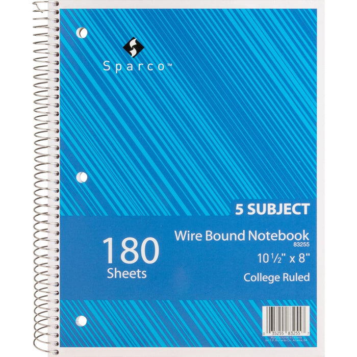 Sparco Wirebound College Ruled Notebooks - 180 Sheets - Wire Bound - College Ruled Front Ruling - Unruled Margin - 8" (20.32 cm) x 10 1/2" (26.67 cm) Sheet Size - Assorted Paper - Assorted Chipboard Cover - Resist Bleed-through, Subject, Stiff-back, Stiff
