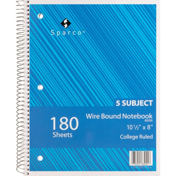 Sparco Wirebound College Ruled Notebooks - 180 Sheets - Wire Bound - College Ruled Front Ruling - Unruled Margin - 8" (20.32 cm) x 10 1/2" (26.67 cm) Sheet Size - Assorted Paper - Assorted Chipboard Cover - Resist Bleed-through, Subject, Stiff-back, Stiff