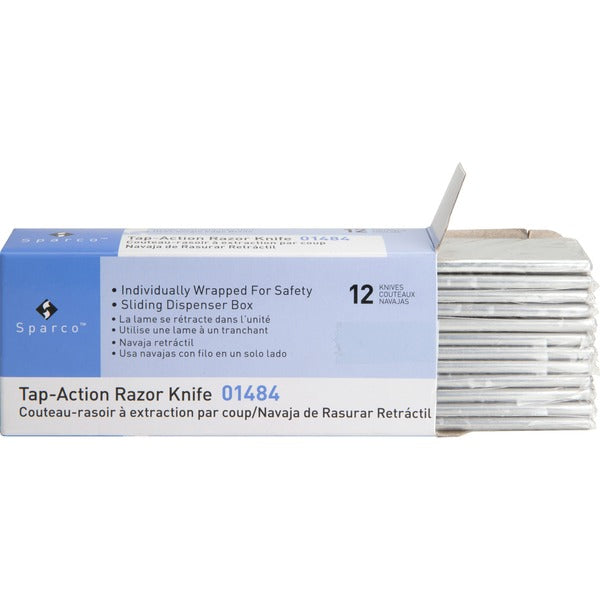 Sparco Tap Action Razor Knife - Stainless Steel Blade - 1" (25.40 mm) Width x 3" (76.20 mm) Length - Retractable, Reversible - 12 / Box