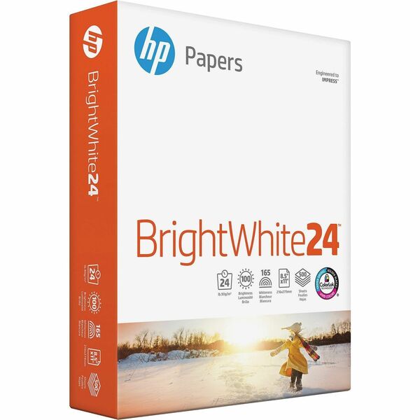 HP Papers BrightWhite24 Office Paper - White - 100 Brightness - Letter - 8 1/2" (215.90 mm) x 11" (279.40 mm) - 24 lb (10886.22 g) Basis Weight - Quick Drying, Smear Resistant - White - 500 / Ream
