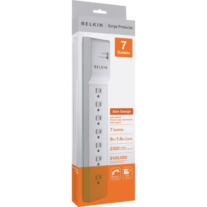Belkin 7-Outlet Surge Protector - 6ft Cord - Right Angle Plug - 2320J - Telephone Protection - White - 7 x AC Power - 1.88 kVA - 2320 J - 125 V AC Input - 125 V AC Output - Phone/Fax