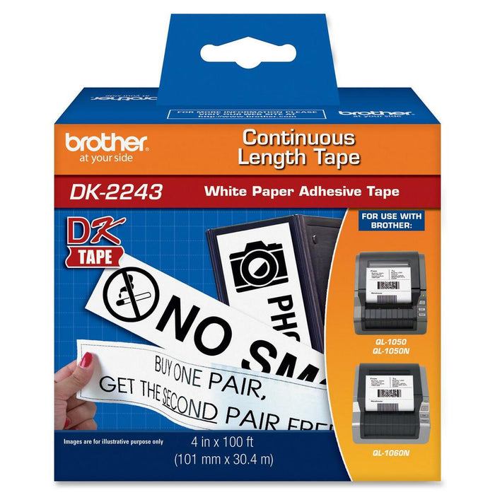Brother DK2243 Continuous Length Paper Labels - x 4" (101.60 mm) WidthDirect Thermal - White - Paper - 1 Box