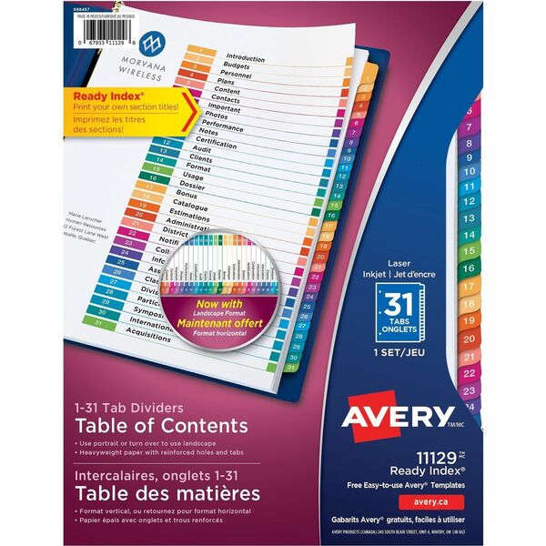 Avery&reg; Ready Index&reg; Table of Content Dividers for Laser and Inkjet Printers, 1-31 - 31 x Divider(s) - 1-31 - 31 Tab(s)/Set - 8.50" Divider Width x 11" Divider Length - 3 Hole Punched - White Paper Divider - Multicolor Paper Tab(s) - Recycled - 31