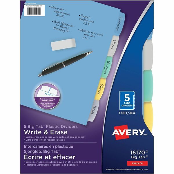 Avery&reg; Big Tab&trade; Write & Erase Plastic Dividers, 5 tabs, 1 set - 5 x Divider(s) - 5 Write-on Tab(s) - 5 - 5 Tab(s)/Set - 8.50" (215.90 mm) Divider Width x 11" (279.40 mm) Divider Length - 3 Hole Punched - Multicolor Plastic Divider - Multicolor P
