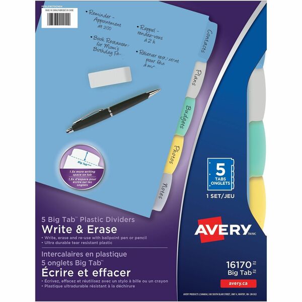 Avery&reg; Big Tab&trade; Write & Erase Plastic Dividers, 5 tabs, 1 set - 5 x Divider(s) - 5 Write-on Tab(s) - 5 - 5 Tab(s)/Set - 8.50" Divider Width x 11" Divider Length - 3 Hole Punched - Multicolor Plastic Divider - Multicolor Plastic Tab(s) - 5 / Set