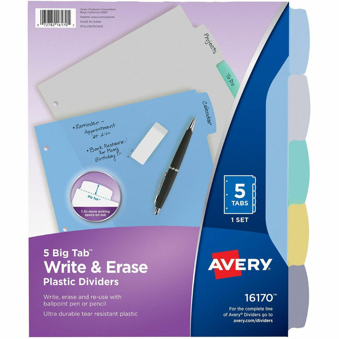 Avery&reg; Big Tab™ Write & Erase Plastic Dividers, 5 tabs, 1 set - 5 x Divider(s) - 5 Write-on Tab(s) - 5 Tab(s)/Set - 8.50" (215.90 mm) Divider Width x 11" (279.40 mm) Divider Length - Letter - 8.50" (215.90 mm) Width x 11" (279.40 mm) Length - 3