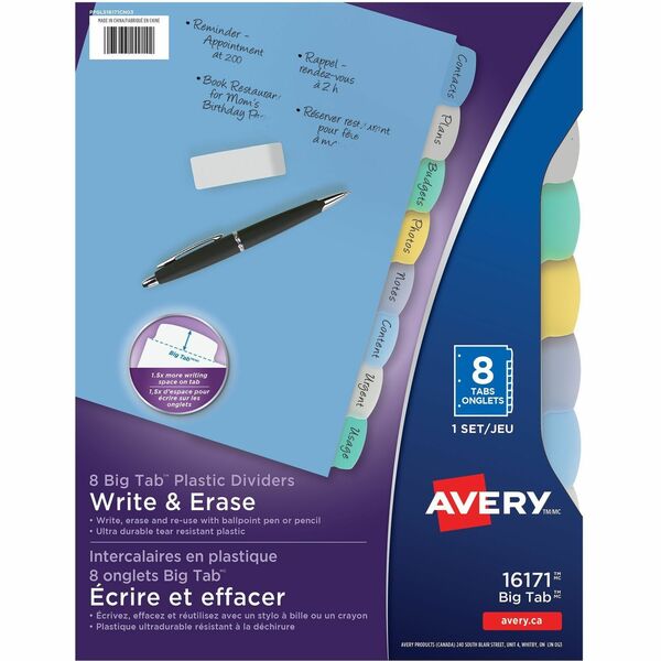 Avery&reg; Big Tab&trade; Write & Erase Plastic Dividers, 8 tabs, 1 set - 8 x Divider(s) - Write-on Tab(s) - 8 - 8 Tab(s)/Set - 8.50" Divider Width x 11" Divider Length - 3 Hole Punched - Multicolor Plastic Divider - Multicolor Plastic Tab(s) - 8 / Set