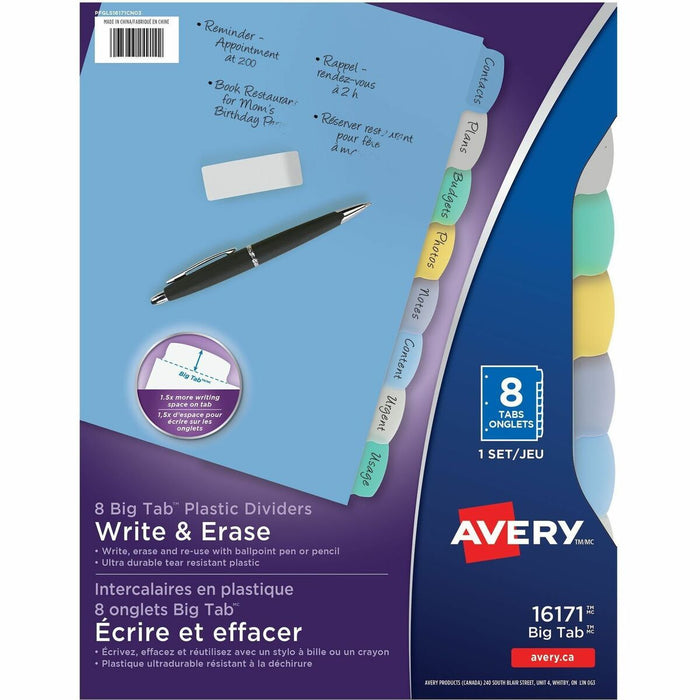 Avery&reg; Big Tab™ Write & Erase Plastic Dividers, 8 tabs, 1 set - 8 x Divider(s) - Write-on Tab(s) - 8 - 8 Tab(s)/Set - 8.50" (215.90 mm) Divider Width x 11" (279.40 mm) Divider Length - 3 Hole Punched - Multicolor Plastic Divider - Multicolor Pla
