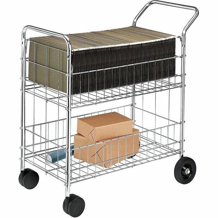 Fellowes Wire Mail Cart - 200 lb (90.72 kg) Load Capacity - 4 Casters - 6" (152.40 mm), 4" (101.60 mm) Caster Size - Steel - 21.5" (546.10 mm) Width x 37.5" (952.50 mm) Depth x 39.5" (1003.30 mm) Height - Chrome - 1 Each