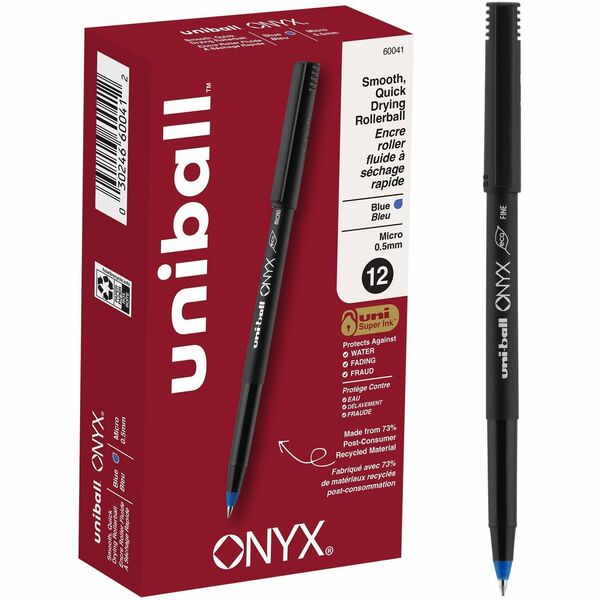 uniball&trade; Onyx Rollerball Pens - 0.5 mm (0.02") Micro Pen Point - Blue Ink - 1 Dozen